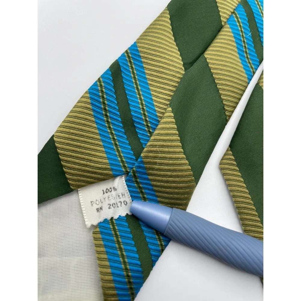 Bergere Mens Necktie Green Gold Blue Diagonal Striped Ribbed Polyester Tie